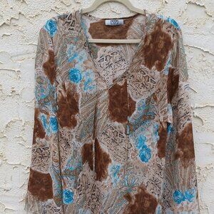 Flowy MXM Brown and Blue Patterned Blouse with Open Slit bell sleeves
